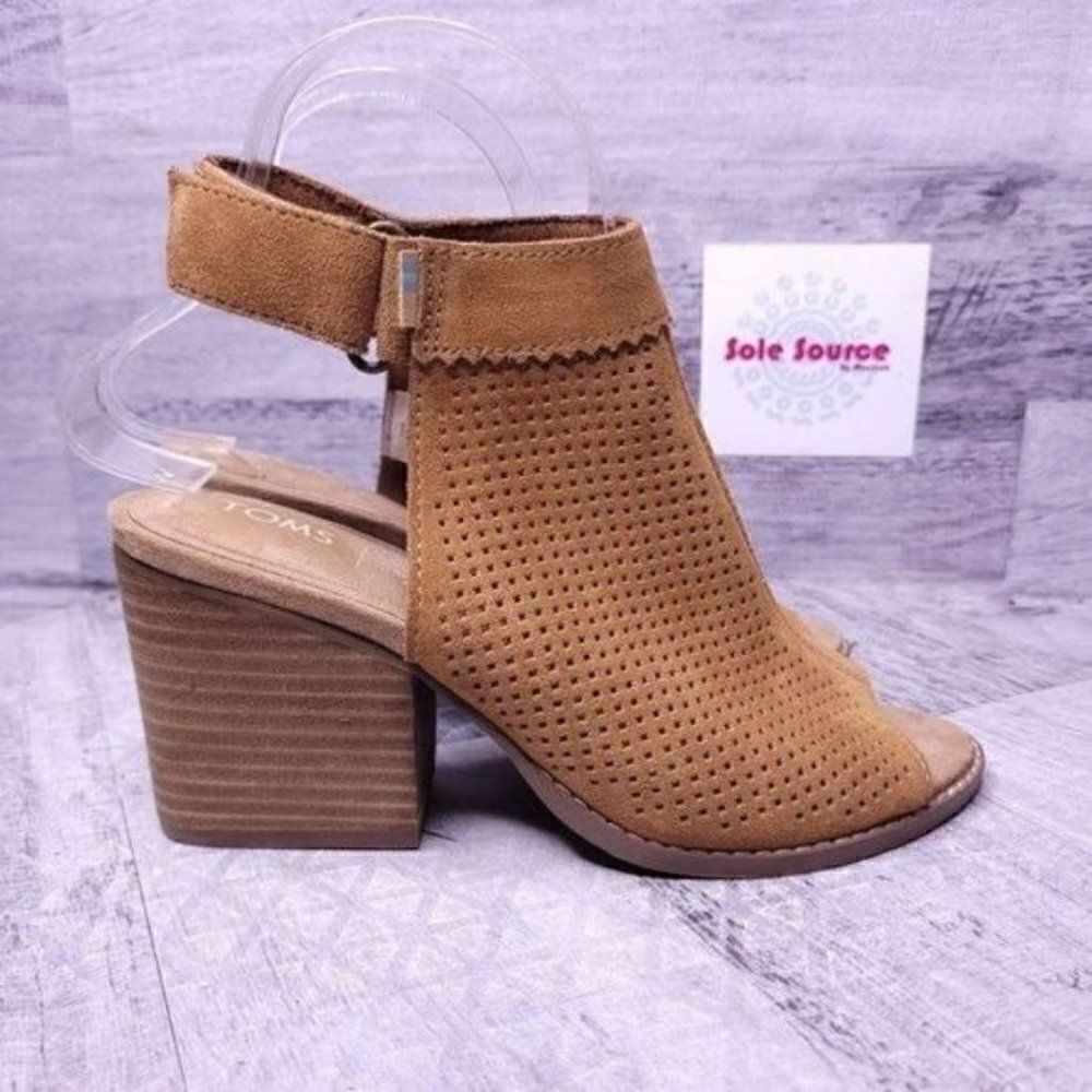 Toms Perforated Suede Peep Toe Heeled Slingback Sandal Brown Women's sz 6